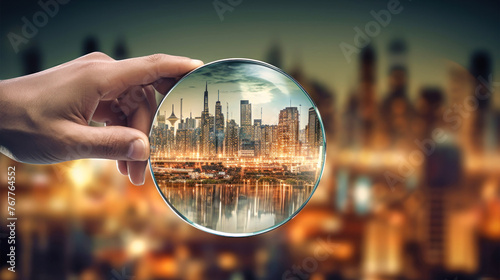 Businessman Realtor Holding Magnifying Glass With City Background