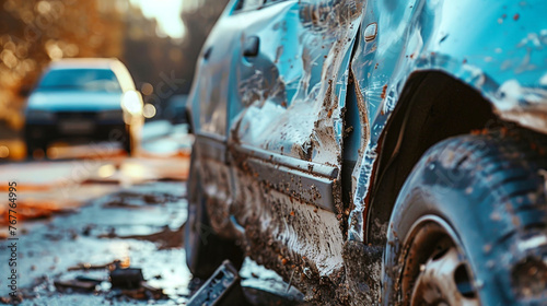 Damaged Car Sitting in Rain