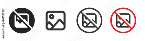 No image available icon set. Image ban symbol. Default picture in red circle, missing photo. Flat and colored style icon for web design. Vector illustration. photo