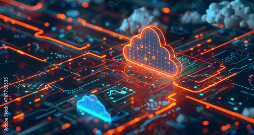 Futuristic cloud infrastructure with digital code and light. Digital hologram of cloud with blue-orange backlighting on glowing digital signage. Cybernetic networking technology. photo