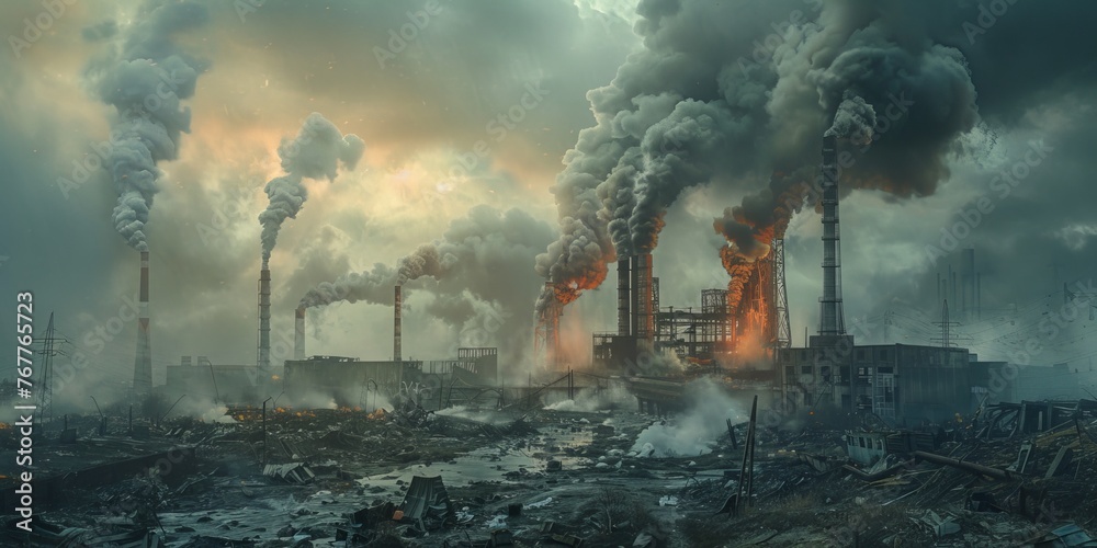 destroyed factory with smoke from chimneys, post-apocalyptic scene, Generative AI - obrazy, fototapety, plakaty 