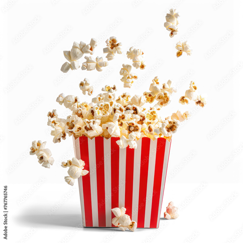 Popcorn flying out of red white striped paper box on transparency background PNG
