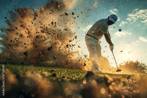 Golfer striking the ball, with an explosive spray of dirt and grass, highlighting the dramatic action and focus required in golf.