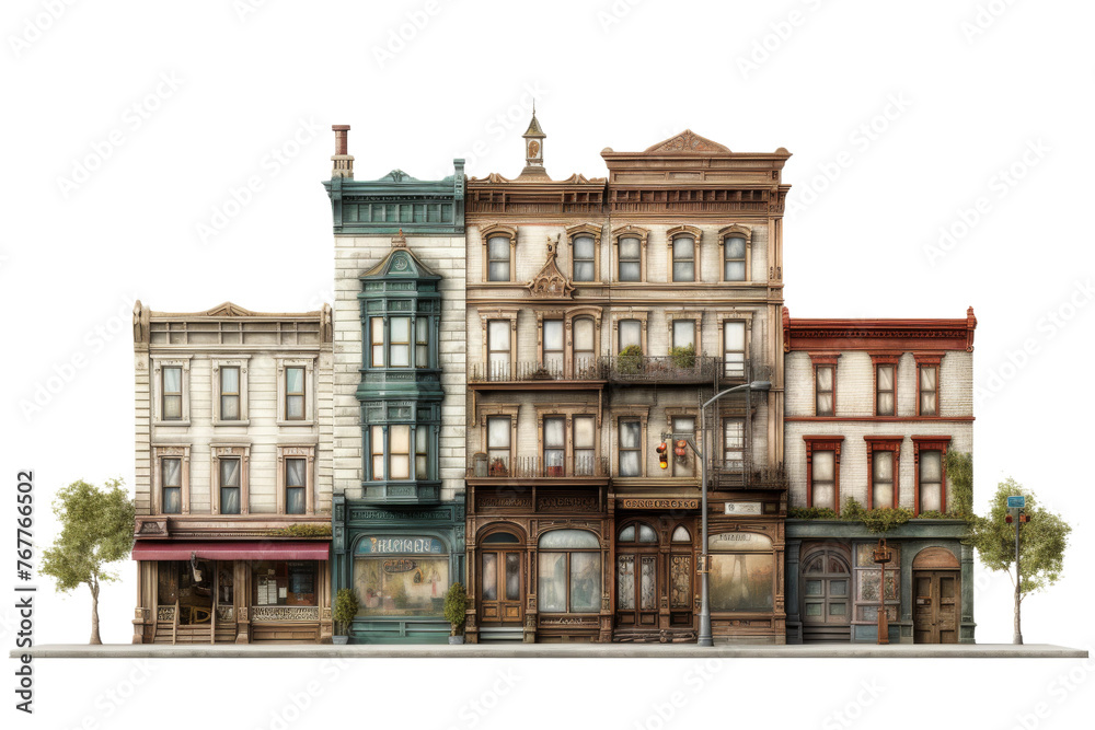 Urban Symphony: A Captivating Perspective of a Row of Buildings. On a White or Clear Surface PNG Transparent Background.