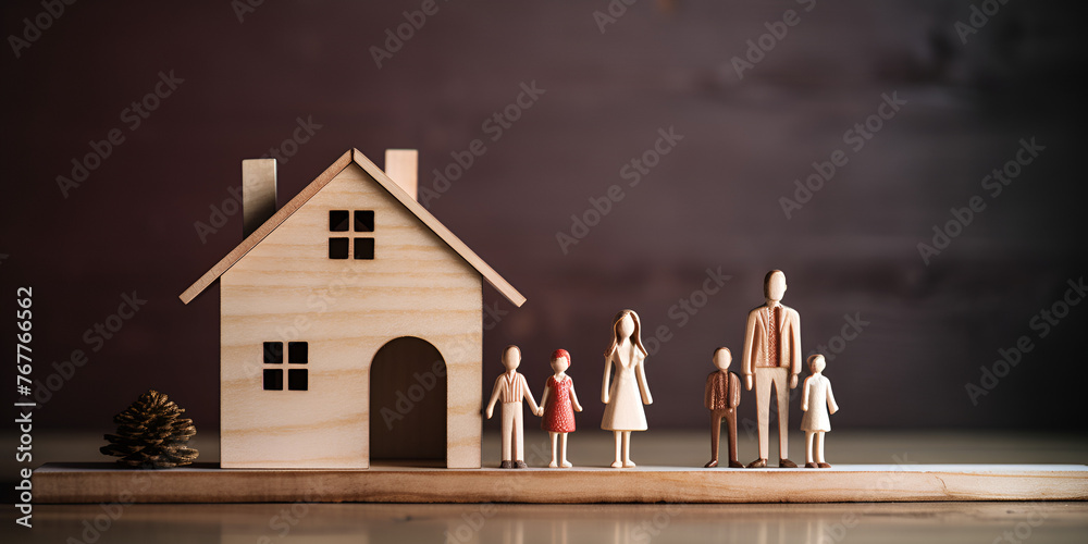 Naklejka premium Wooden House Marquette Model with Family Couple