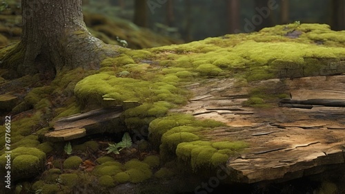 Behold the serene majesty of the forest, where chunks of wood are transformed into miniature ecosystems by the lush green moss and whimsical green mushrooms that adorn them.