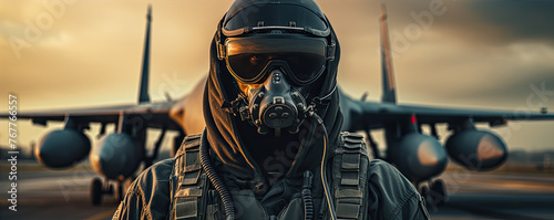 Aircraft pilot against air jet in blured background. Military fighter pilot photo