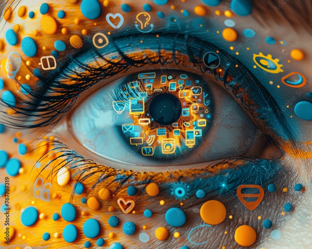 Macro shot of a human eye with a high-tech digital overlay, featuring social media symbols and icons, conceptualizing the impact of social media on perception.
