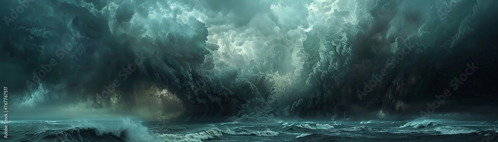 A panoramic view of a menacing ocean storm, with towering dark clouds and tumultuous waves, evoking the power of nature.
 - obrazy, fototapety, plakaty 