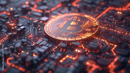 Close-up of a Bitcoin coin on an illuminated digital motherboard, symbolizing cryptocurrency technology.
