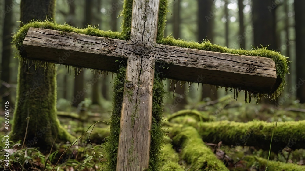 Witness the gentle grace of the cotton cross, veiled in moss, casting a serene presence amidst the vibrant greenery of the forest. Witness the gentle grace of the cotton cross, veiled in moss, casting a serene presence amidst the vibrant greenery of the forest.