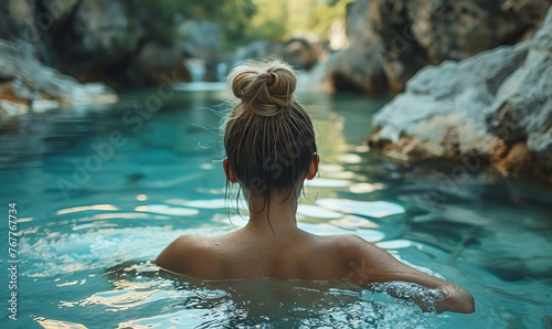 young woman enjoys a natural thermal waters bath, Generative AI © Focal Imaging
