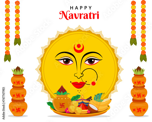Happy Navratri goddness durga face with puja plate poster for Navratri Dussehra festival of India