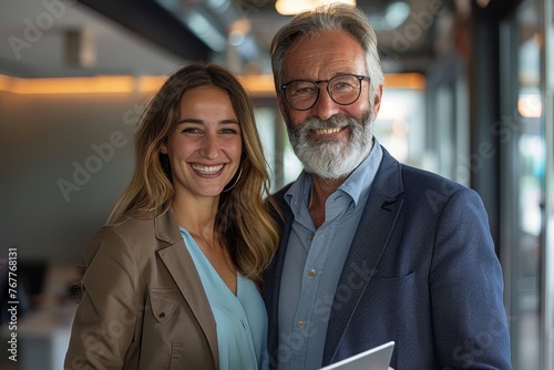 smiling business man and business woman standing in office with with digital tablets, Generative AI