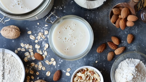 Almonds  Milk  and Other Ingredients on Table