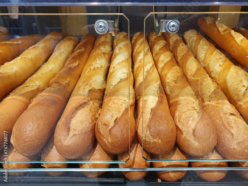 Fresh bread, French baguettes, ready to be sold photo