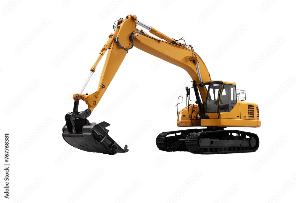 isolated excavator background white view left truck technical heavy shoveling machinery excavate tractor power hydraulic yellow mover orange mechanical excavating shovel