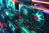 High-Performance Computer Graphics Cards Operating in a Vibrant Red-Lit Environment