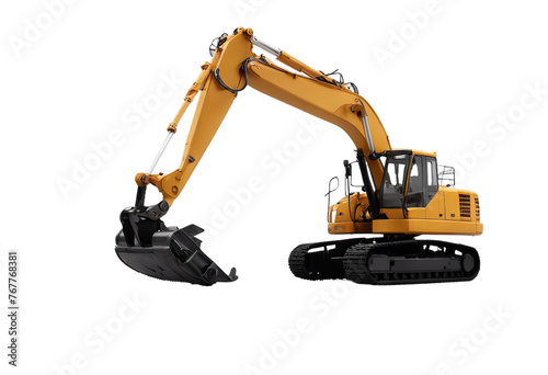 Obraz na płótnie isolated excavator background white view left truck technical heavy shoveling machinery excavate tractor power hydraulic yellow mover orange mechanical excavating shovel w salonie