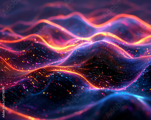 A macro-style 8K image of dynamic abstract wave patterns representing data flow in cyberspace with a focus on depth and vibrant colors