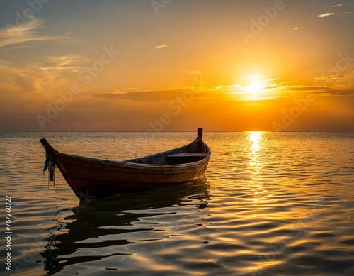 A wooden brown boat in middle of sea water and sunset red and orange beautiful sky with refl © Priyanka