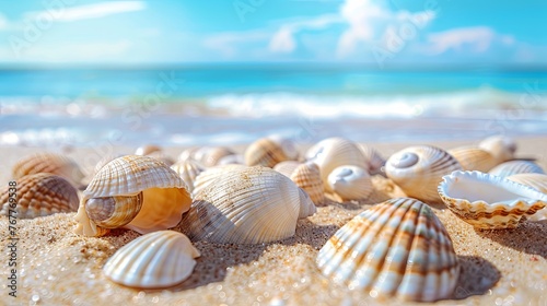 Vacation summer holiday travel tropical ocean sea panorama landscape - Close up of many seashells, sea shell on the sandy beach, with ocean in the background Mental Health Practice.