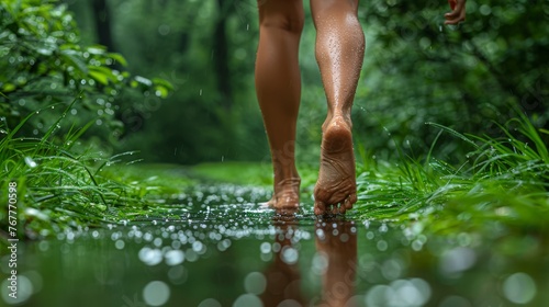Close-up of feet walking on dewy grass, emphasizing the connection between wellness and natural living.  photo