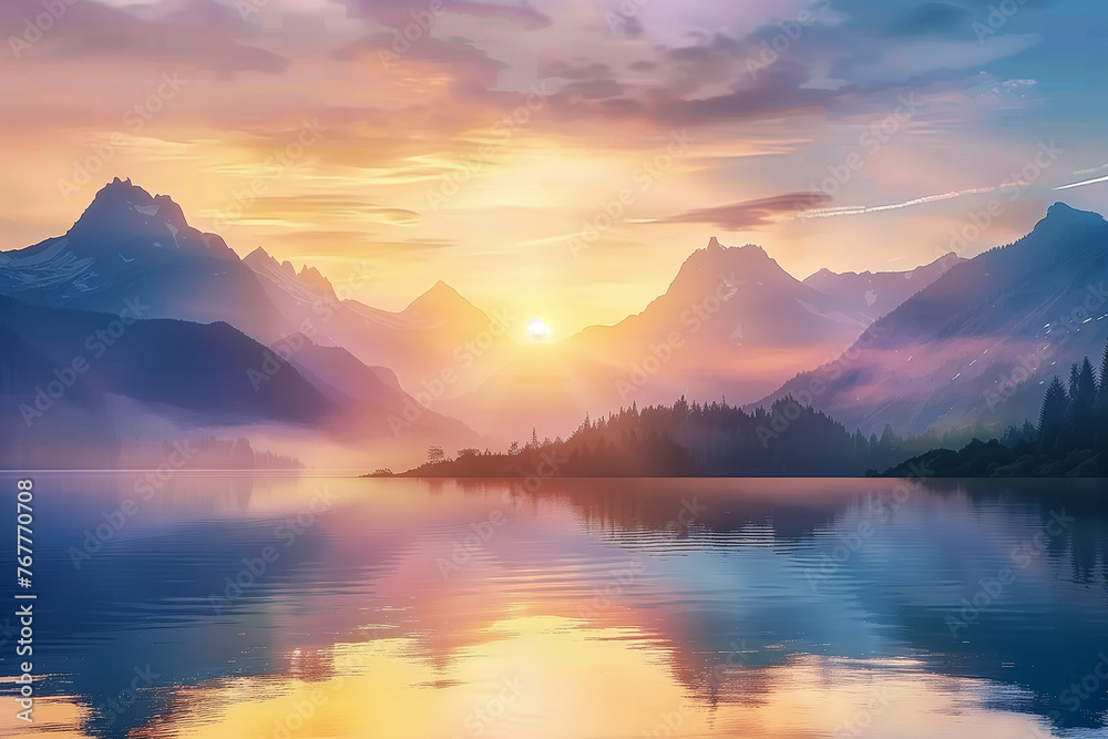 Tranquility at Dusk: Sunlight, Vibrant Sunset Colors Reflecting on Lake on the background of mountains