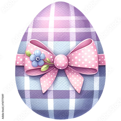 Cute easter egg with gingham pattern watercolor clipart with transparent background
