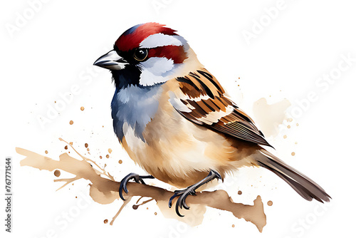 A Sparrow Drawn With Watercolors on Pure White Background