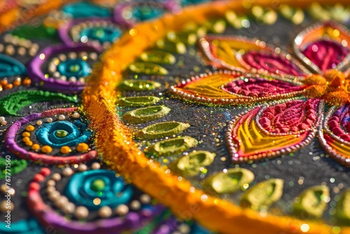 Detailed view of a colorful embroidered object resembling a traditional rangoli design