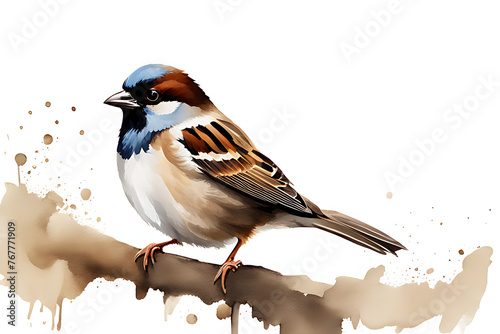 A Sparrow Drawn With Watercolors on Pure White Background photo