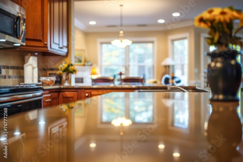 A kitchen counter with a vase of colorful flowers placed on it  adding a touch of freshness and beauty to the space