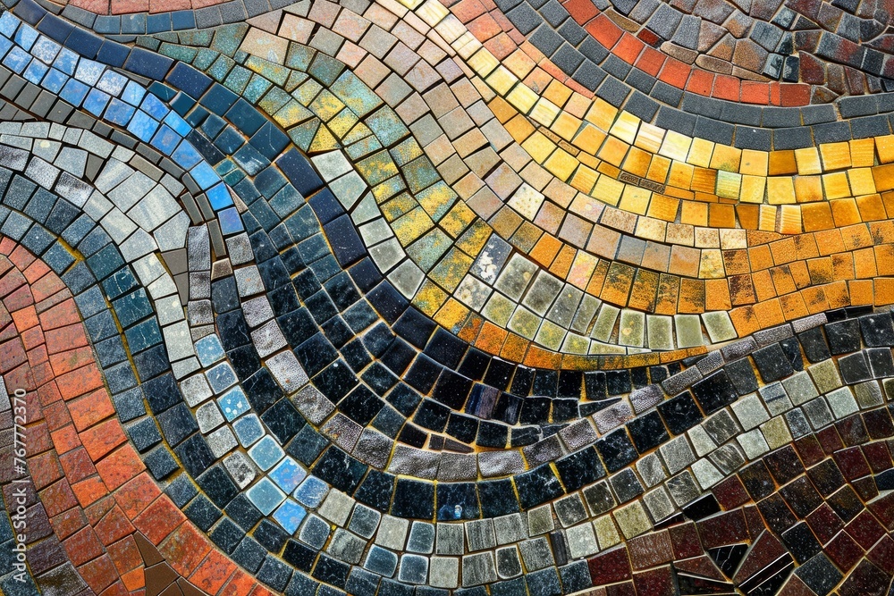 Detailed close-up of a mosaic tile wall, showcasing intricate patterns and colors