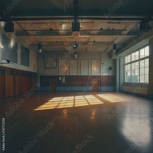 an empty rehearsal room, in the style of soft atmospheric light, light navy and brown, raw energy  photo