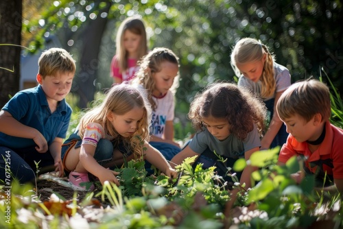A group of children are gathered in a garden  closely examining various plants and flowers with curiosity and interest