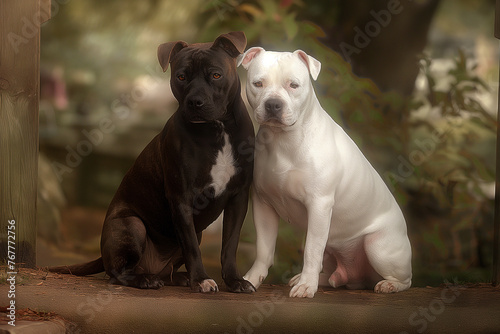 Two dogs, one black and one white, sit next to each other on a wooden bench