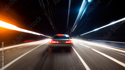 Night, high-speed car. A car at high speed in the tunnel