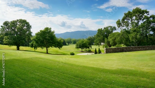 trees in the park wallpaper Beautiful wide format manicured lawn surrounded by trees and shrubs a bright summer Spring summer nature.