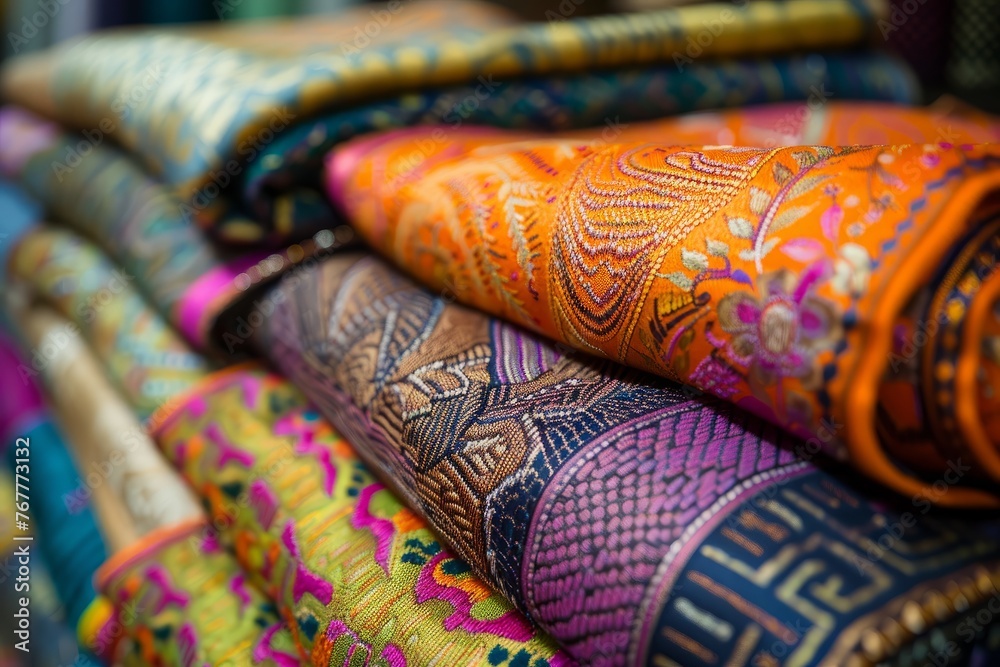 Close-up view of a variety of colorful fabrics including embroidery, weaving, and textile designs