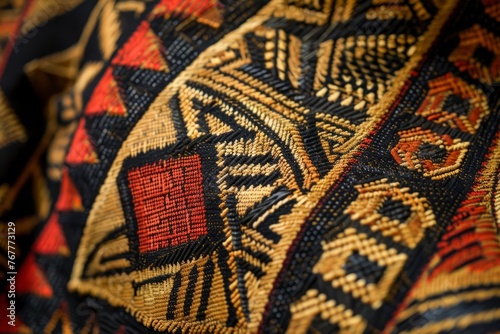 Detailed close-up of a black and red patterned cloth showcasing intricate tribal designs and colors