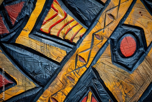 Detailed view of a painting featuring a striking yellow and black tribal design, showcasing intricate patterns and textures