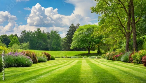 trees in the park wallpaper Beautiful wide format manicured lawn surrounded by trees and shrubs a bright summer Spring summer nature.