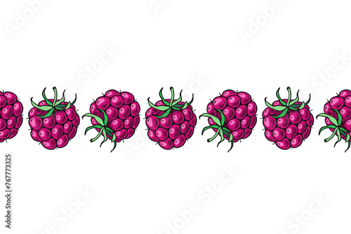 Ripe Pink Raspberries. Seamless banner. Design of candies and sweet dessert . Vector illustration.