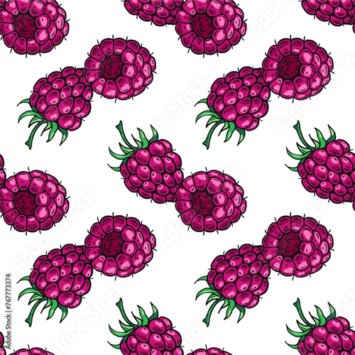 Ripe pink raspberries. Seamless pattern. Design of candies and sweet dessert . Vector illustration.