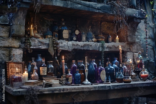A closeup shot of a witchs lair featuring a table covered in an assortment of potion bottles and lit candles © Ilia Nesolenyi