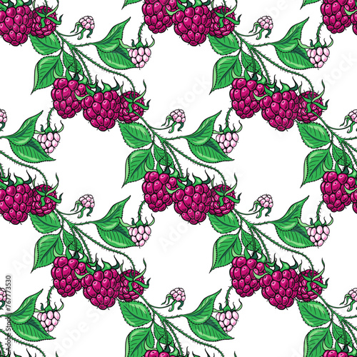 Raspberry branches. Seamless pattern. Design of candies and sweet dessert . Vector illustration.