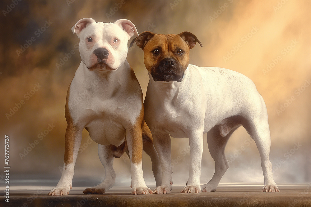 Two dogs, one white and one brown, stand facing each other