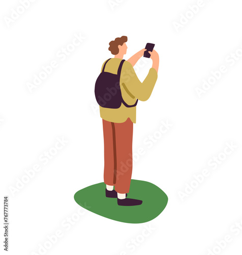 Waiting person stands on grass back view. Man with backpack outdoor. Woman holds smartphone in hands. Character watching in phone, takes photo. Flat isolated vector illustration on white background