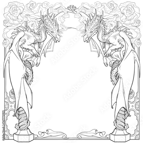 Two dragons sitting on a Gothic arch and breathing out smoke, guarding the entrance into the world of Fantasy. Square symmetrical composition, suitable as a template. EPS10 vector illustration.